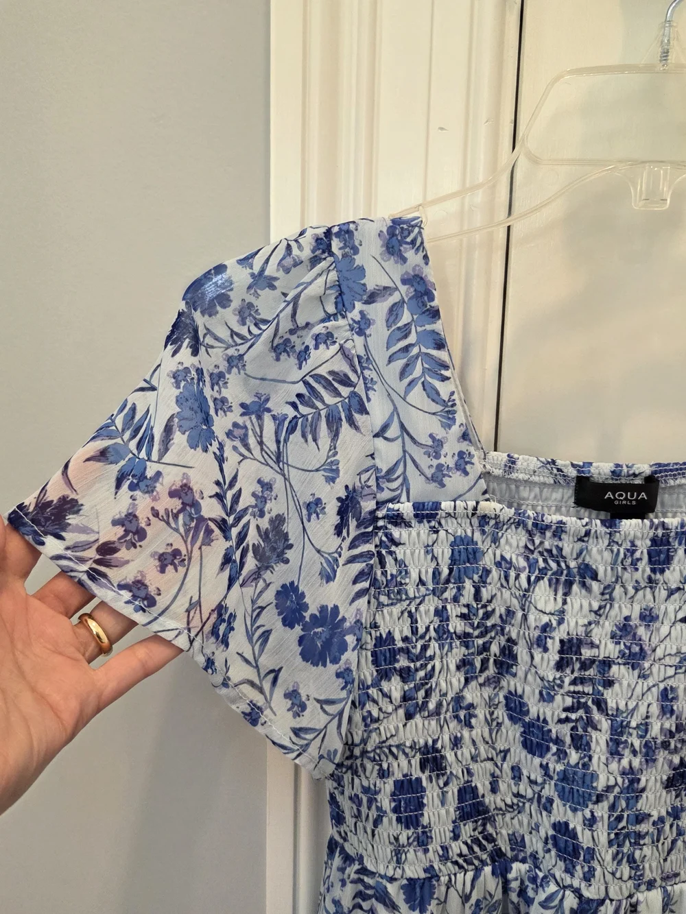 Smocked Blue Floral Tiered Kids Dress